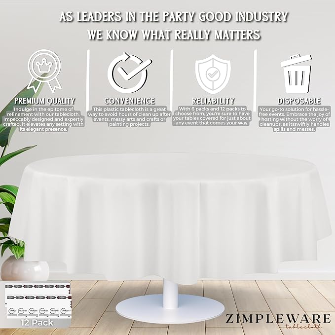 ZIMPLEWARE Premium White Plastic Table Cloth Disposable (12 Pack) Round Tablecloth (84in) Party Table Cloths Disposable, Perfect Table Cloth Round Cover for Any Table Up to 6 Feet