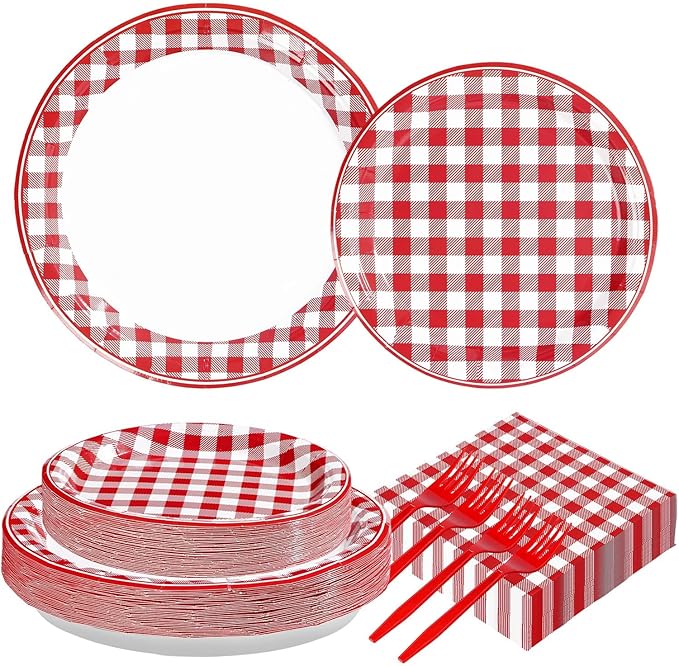 200Pcs Red Gingham Party Supplies Red and White Checkered Buffalo Plaid Plates and Napkins Disposable Gingham Tableware Set for Summer Pizza BBQ Picnic Baby Shower Birthday Party Decorations Serves 50