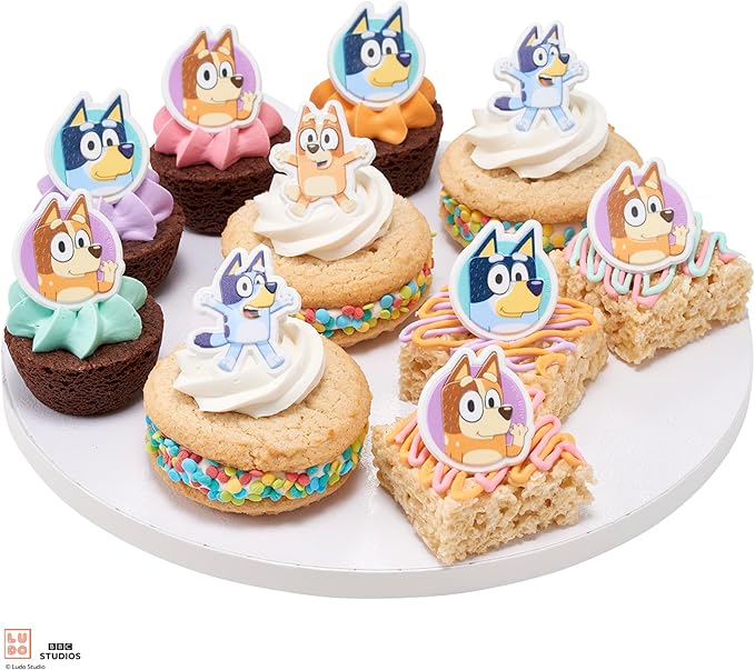 DecoPac Bluey So Much Fun Rings, Cupcake Decorations Featuring Bluey, Bingo, Bandit, and Chilli, 3D Food Safe Cake Toppers –1.4 x 1.75 inches (Pack of 48)