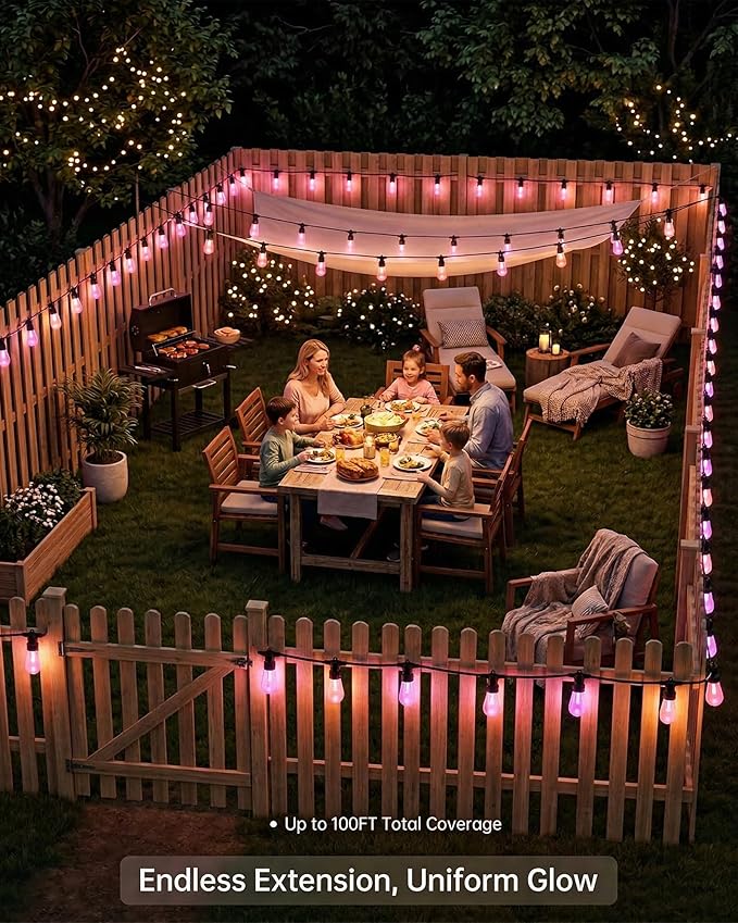 100FT Smart Outdoor String Lights, 2-Pack Color Changing ST48 Multi-color LED Patio Lights with Magic Lantern App, IP66 Waterproof Shatterproof Hanging Decor Lights for Large Backyard Garden