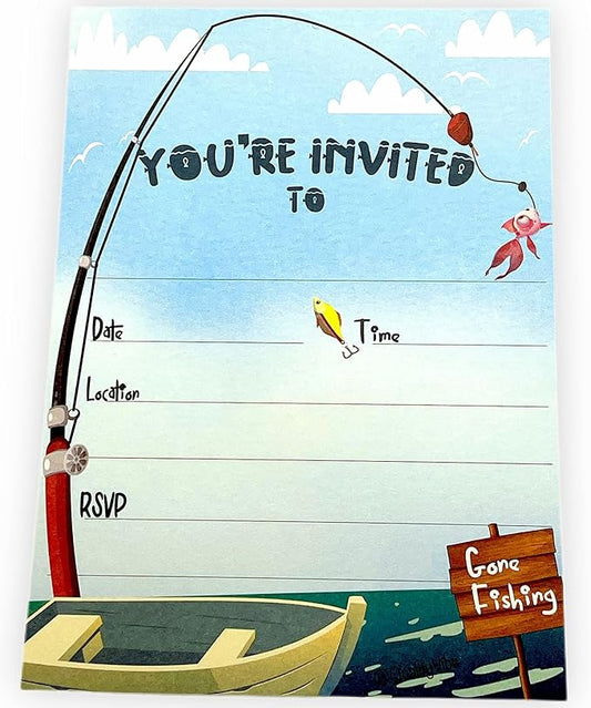 25 Gone Finishing Invitations With Envelopes, Fill In Style You're Invited Birthday Fishing Party For Adult & Kids. Boat & Fishing Rod Design With Sea & Gone Fishing Sign. Thick & Non Coated Cardstock