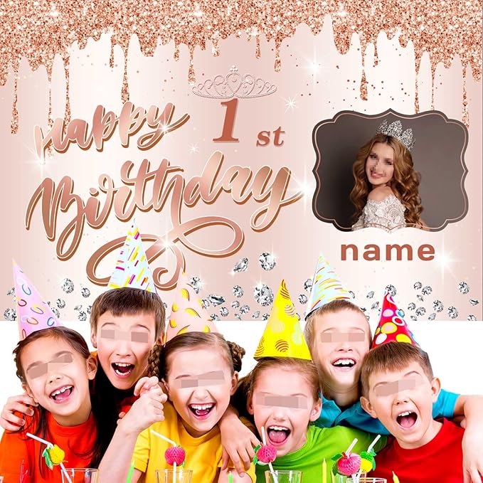 Customizable Rose Gold Happy 1st Birthday Decoration Banner - Personalized with Name and Photo