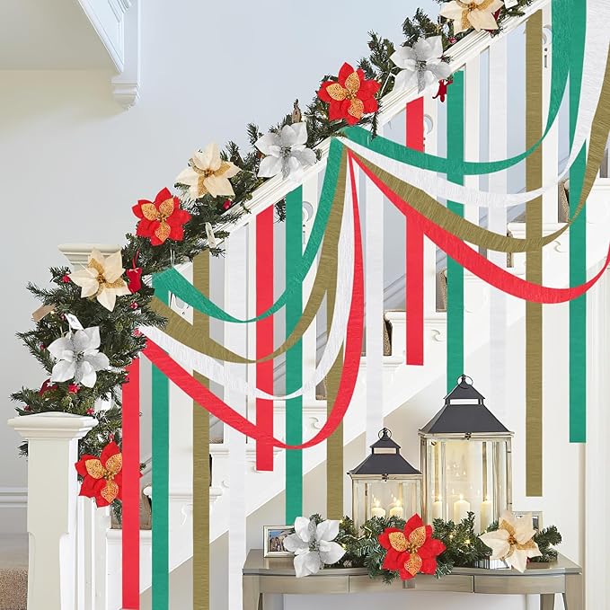 8 Rolls Christmas Crepe Paper Streamers Christmas Party Supplies Red Green White Paper Streamers for Xmas,New Year, Birthday, Graduation Party