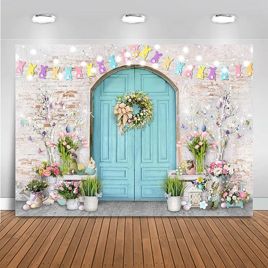 Mocsicka Easter Backdrop Blue Wooden Door with Brick Wall Bunny Rabbit Spring Photography Background Easter Day Party Decorations Photo Studio Props