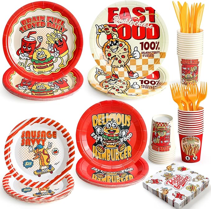 144Pcs Food Birthday Party Supplies Decorations Hamburger Fried Chicken Fries Themed Paper Plates Napkins Vintage Party Tableware Disposable Dinnerware for Boy Kid Birthday Table Decor, Serve 24
