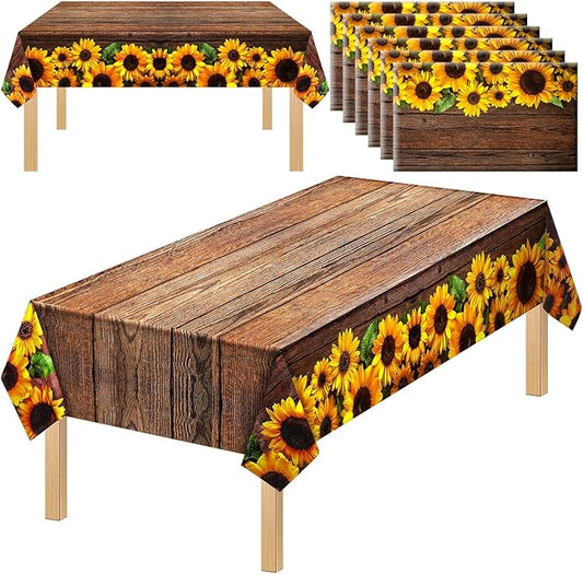 Tegeme 6 Pcs Sunflower Wood Grain Plastic Rustic Tablecloth Vintage Rectangle Table Covers Countryside Outdoor Tablecloth for Dining Table Kitchen Party Banquet, 54 x 108 Inch