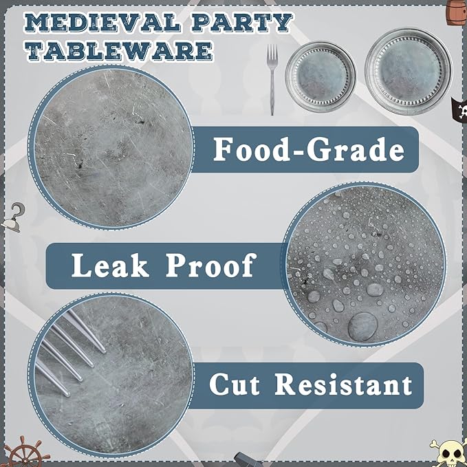 Jingmore 180 Pcs Medieval Party Supplies Disposable Pewter Paper Plates and Forks Tableware Set for Pirate Knight Castle Halloween Decorations Dinner Silver Grey 9" and 7'' Serves 60（Retro Style）