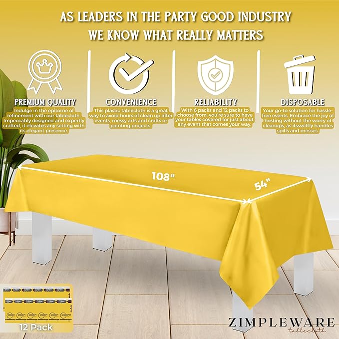 ZIMPLEWARE Premium Yellow Plastic Table Cloth Disposable (12 Pk) Plastic Tablecloths for Rectangle Tables (54in x 108in) Party Table Cloths Disposable for 6ft to 8ft Rectangle Tables