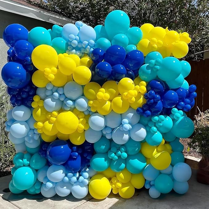 HILAVO Yellow Blue Clear Balloons 12 Inch 60 Pcs Blue Cartoon Balloon Teal Blue and Yellow Party Latex Balloons Transparent for Kids Birthday Ocean Baby Shower Party Decorations