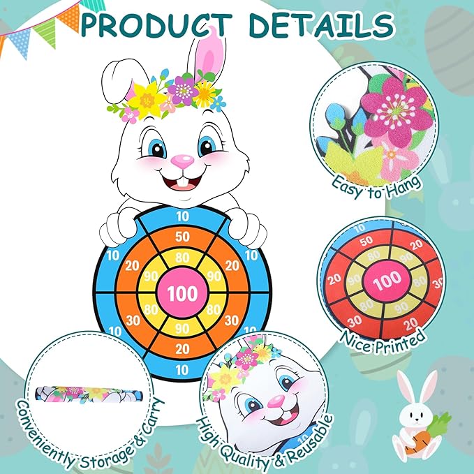 Capoda Easter Dart Board Game 28" Cute Bunny Dart Board with 12 Sticky Balls Easter Basket Stuffers for Easter Yard Indoor Outdoor Sports Games Birthday Gifts Party Favors Supplies