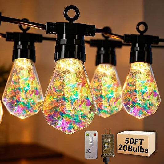 Outdoor String Lights, 50FT 20 LED Iridescent Holographic Bulbs, Waterproof Patio Lights with Remote Control, Shatterproof Connectable Lights for Backyard, Porch, Garden, and Party