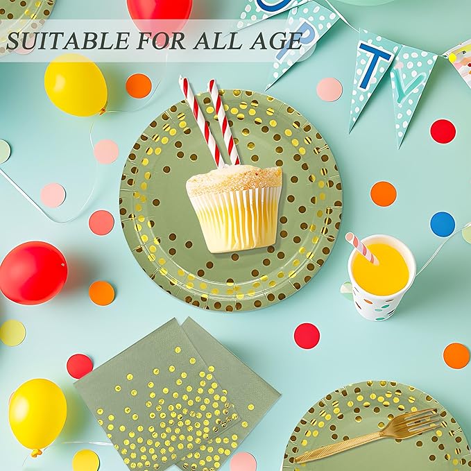 72PCS Sage Green Paper Plates and Napkins - Sage Green Gold Dots Tableware Set Include Dessert Plates,Napkins and Forks Disposable Decoration Supplies for Birthday Graduations Wedding Party,Serve 24