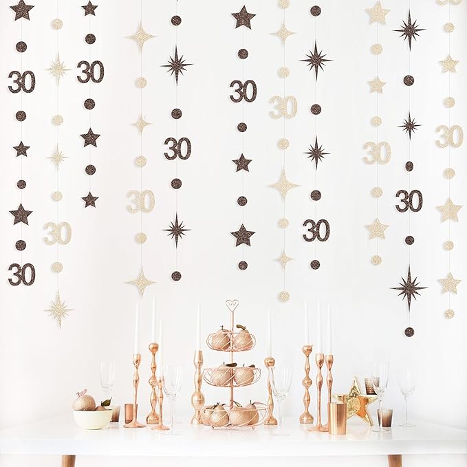 Champagne Gold Brown 30th Birthday Decorations Number 30 Circle Dot Star Garland Streamer Banner Backdrop for Women Men Dirty Thirty Cheers to 30 Years Old Birthday 30th Anniversary Party Supplies