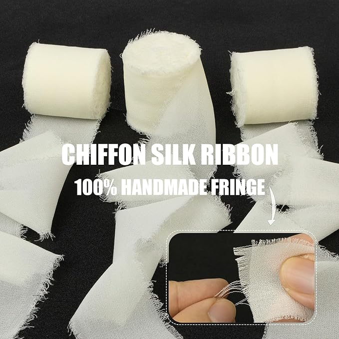 Ivory Chiffon Ribbon 1-1/2 Inch x 21Yards Handmade Fringe Chiffon Silk Ribbon Boho Frayed Ribbon Ivory Ribbon for Wedding Invitation, Bridal Flower Bouquets, Floral Arrangement, Gift Wrapping