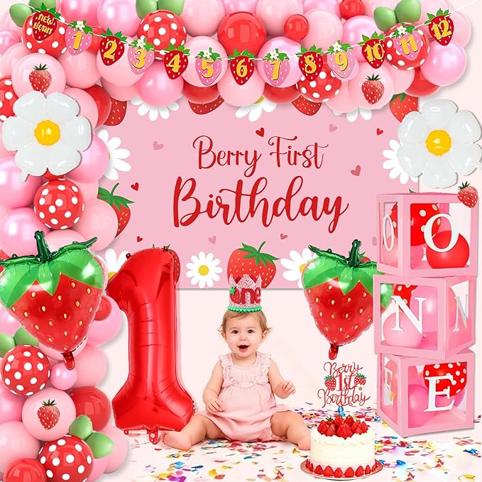 Berry First Birthday Decor, Strawberry 1st Birthday Decorations for Girls with Balloon Arch Kit Berry First Theme Balloon Boxes Crown Strawberry Cake Toppers Photo Banner Girl 1st Party supplies