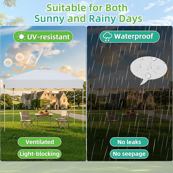 10 x 10FT White Pop Up Canopy Tent with Wheeled Carry Bag, Sandbags, Easy Setup Outdoor Portable Gazebos Shelter Sun Shade for Events, Party, BBQ, Backyard, Adjustable Height Canopy