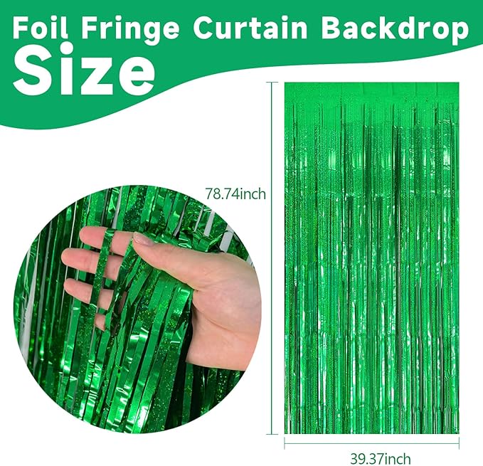 5 Pack Green Streamers Backdrop Metallic Foil Fringe Tinsel Curtains for Birthday Dinosaur Animal St Patrick's Day Football Christmas Jungle Theme Party Decorations