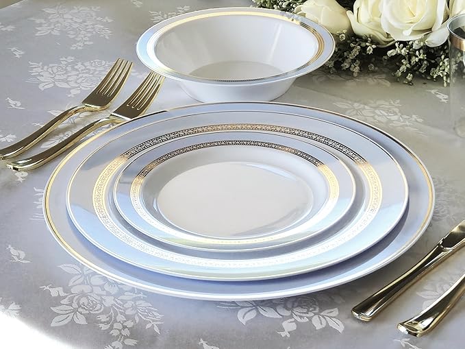 " OCCASIONS " 120 Plates Pack,(60 Guests) Heavyweight Premium Wedding Party Disposable Plastic Plates Set -60 x 10.5'' Dinner + 60 x 7.5'' Salad/Dessert (Ritz Blue and Gold)