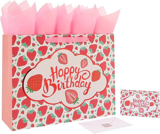 wishinside 16.5” Extra Large Strawberry Happy Birthday Gift Bag Set with Handles, Greeting Card, Tissue Papers and Stickers for Girls Kids Teens Women, Fruit Themed Birthday Design, 1 Pcs
