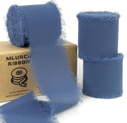 Slate Blue Chiffon Ribbon - 1-1/2 Inch x 21 Yards, Handmade Fringe, Silk, Boho Frayed, Dark Blue, Gift Wrapping, Wedding Invitation, Bridal Flower Bouquets