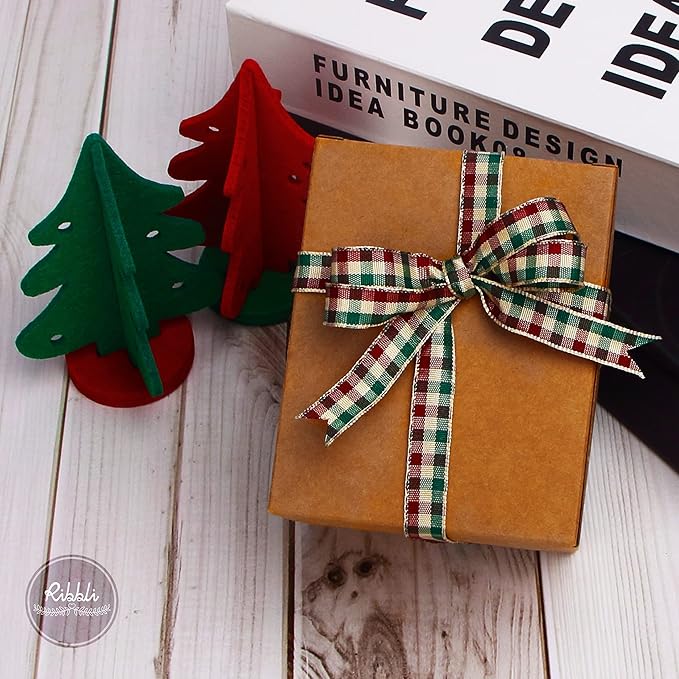 Ribbli Burgundy and Forest Green Gingham Ribbon,100% Polyester Woven Edge,3/8 Inch x 10 Yard,Plaid Ribbon Use for Christmas Gift Wrapping,Party Decoration