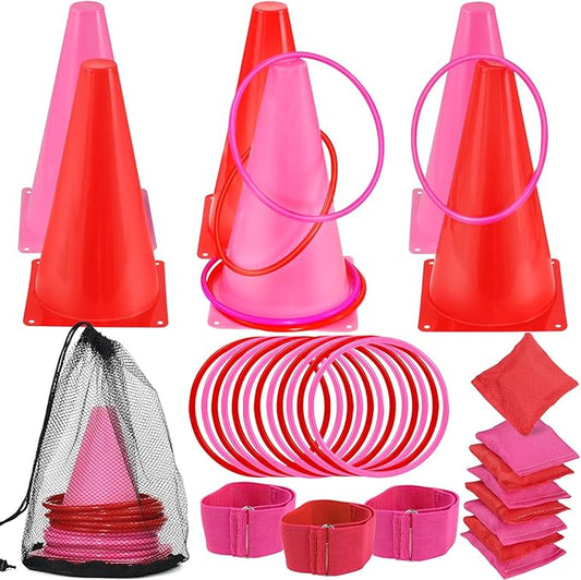 33Pcs Large 4 in 1 Valentines Day Games for Kids with Ring Toss, Plastic Cones, Bean Bags, 3-Legged Race Bands, Carnival Valentine's Games Activity Combo Set for Classroom Indoor Outdoor Party Yard