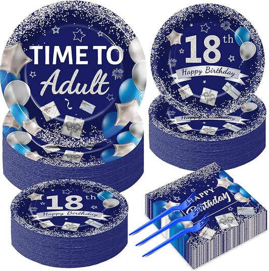 50 Guests 18th Birthday Party Supplies Decoration 18 Years Old Birthday Plates and Napkins Forks Time To Adult Tableware Blue Silver Happy 18th Birthday Party Paper Plates for Boys Girls Party 200PCS