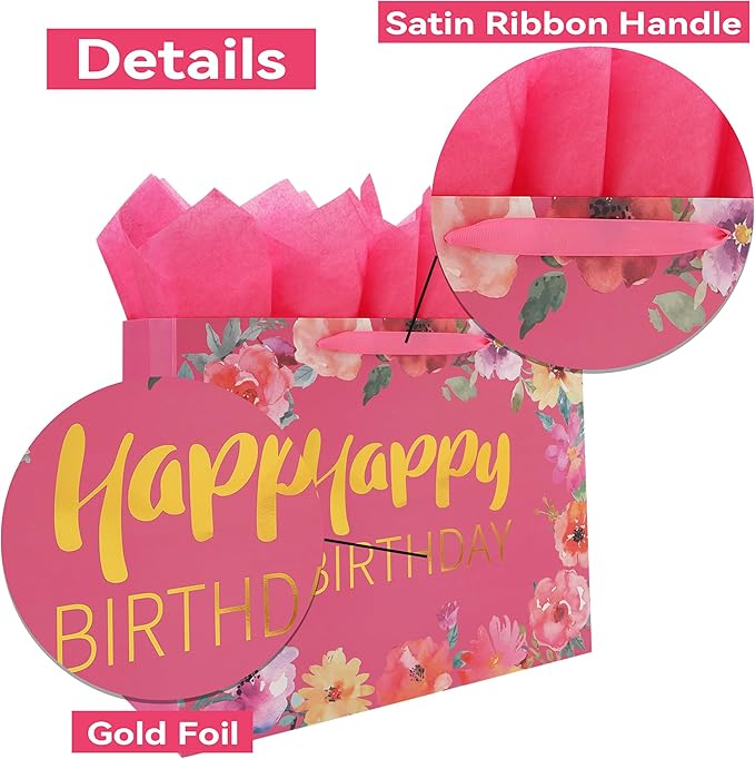Qirrmiy 16.5'' Extra Large Happy Birthday Gift Bag Set with Handles, Greeting Card, Tissue Papers and Stickers for Women Girls, Gold Foil Happy Birthday & Floral Design, 1 Pcs