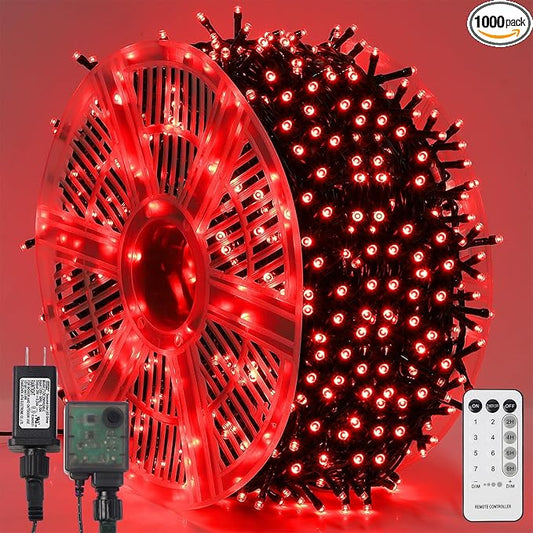 WATERGLIDE 1000 LED Valentines String Lights, 328 FT Green Wire LED Decorative Fairy Lights with Remote & 8 Modes, Waterproof for Outdoor Christmas Holiday Party Garden Wedding Home Decor, Red