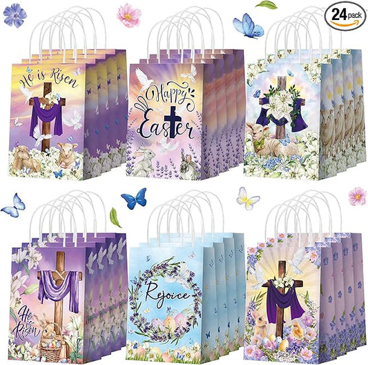Kolldenn 24 Pcs Easter Gift Bags with Handle He Is Risen Party Favor Bags Christian Cross Goodie Easter Paper Bag Religious Candy Treat Pouch for Church Home Decor Party Supplies