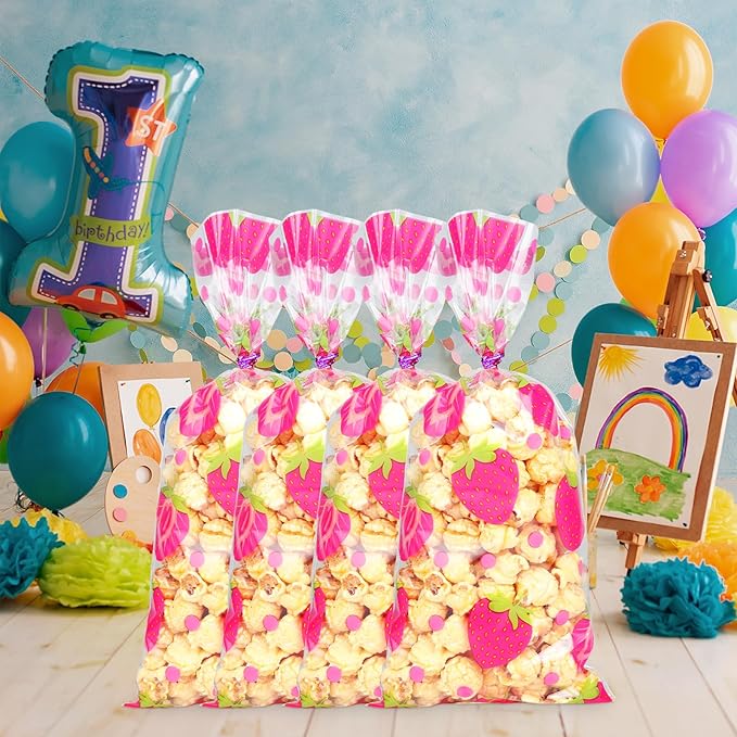 iNINGER 50 Pcs Strawberry Cellophane Treat Bags With Twist Ties, Sweets Gift for Girls Children Party Favors, Small Sweet Bag for Candy, Goodie for Baby Shower Birthday Halloween Decoration