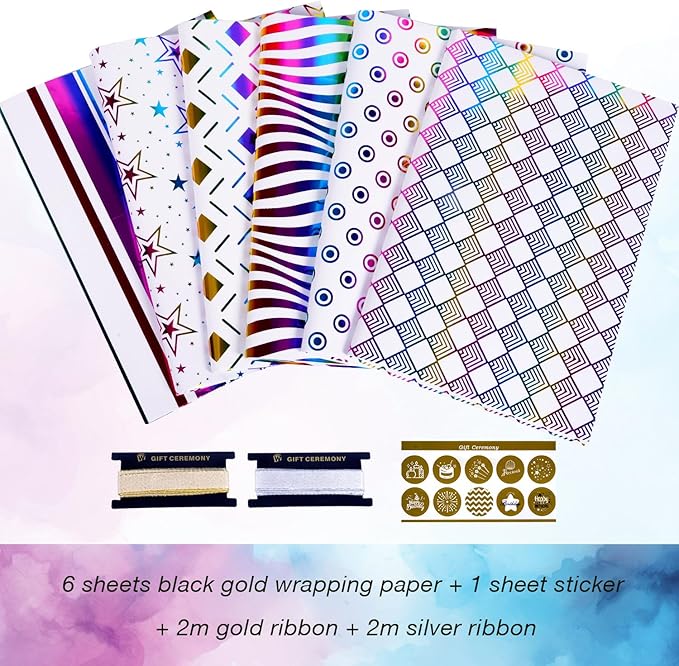 RUIFUN Gift Wrapping Paper, 6 Sheets Metallic Foil Birthday Wrapping Paper with Ribbon, Colorful Shiny Foil Gift Wrap Paper for Girls Women Birthday Christmas Wedding, 20 x 28 Inch
