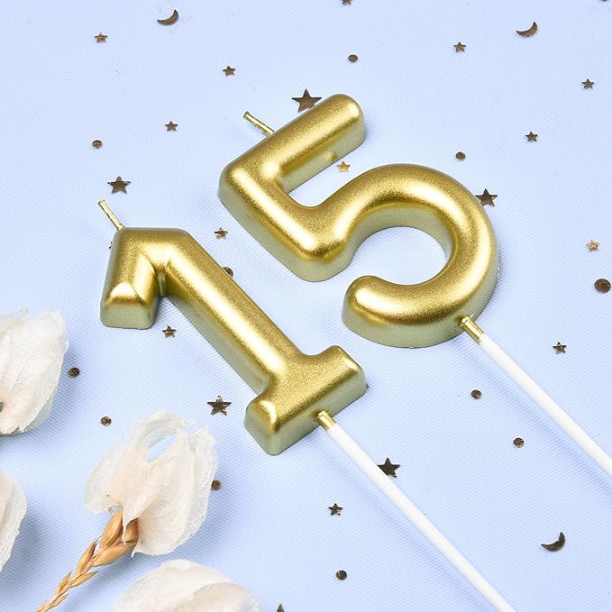 2.76 Inch Classical Gold 15 Number Birthday Candles, Gold Number Candles, Cake Number Candles, Party Celebration