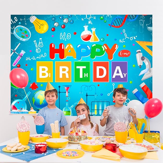Mocsicka Science Theme Birthday Backdrop Chemical Laboratory Mad Sciencist Happy Birthday Party Decorations Banner for Boys Chemical Science Photography Background (Cyan, 5x3ft(60"x36"))
