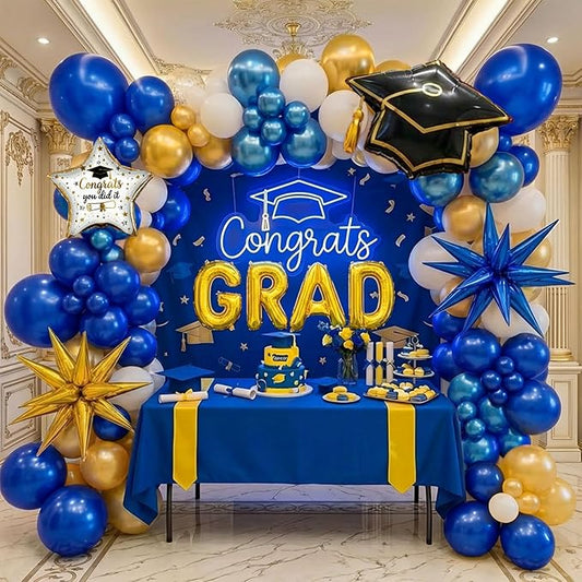 Royal Blue and gold Graduation Balloon Garland Kit with Gaduation cap diploma and explosion star foil balloons for Luxurious Graduation Party Decorations the Class of 2026 supplies