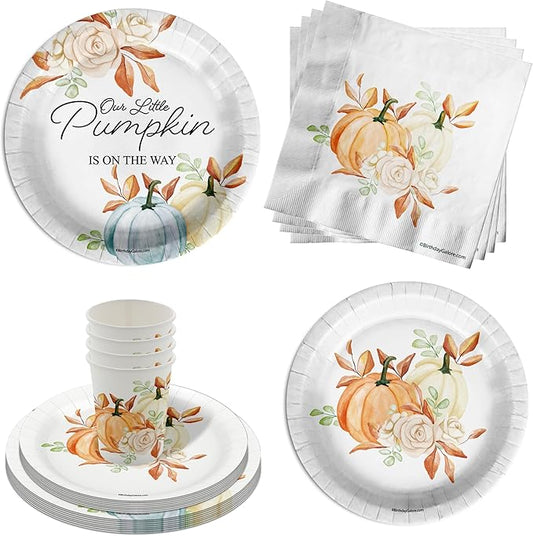Our Little Pumpkin Is On The Way Boy Baby Shower Party Supplies - 64 Piece Fall Baby Shower Tableware Set Includes Large 9" Dinner Plates and 8" Dessert Paper Plates Napkins Cups - Kit for 16