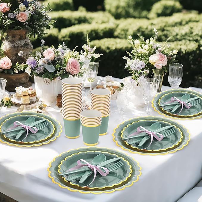 Ziliny Sage Green Plates and Napkins Party Supplies for Guests Woodland Baby Shower Tableware Include Scalloped Plates Paper Napkin Cup Spoon Fork Knife for Wedding, Birthday