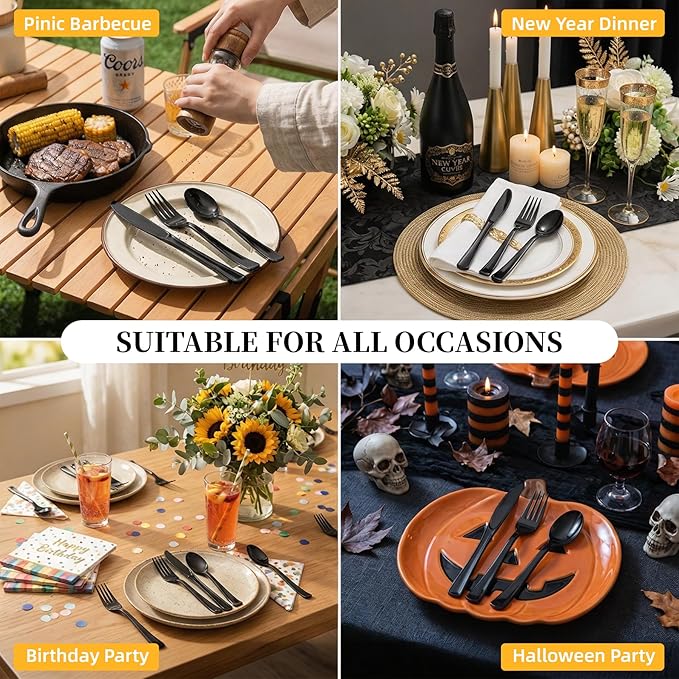 N9R 200PCS Black Plastic Silverware, Heavy Duty Black Plastic Cutlery Set Disposable Flatware Dinnerware, 100 Forks, 50 Knives, 50 Spoons for Outdoor Events, Party, Wedding and Daily Use