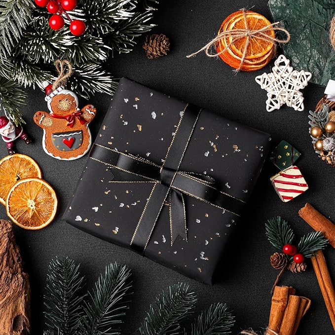 MAYPLUSS Wrapping Paper Roll - 17in x 16.5Ft - Luxury Thick Black Gold Foil Flakes Marvelous Satin Texture Matte Gift Wrap Paper for Birthdays, Anniversaries, Christmas, Father's Day