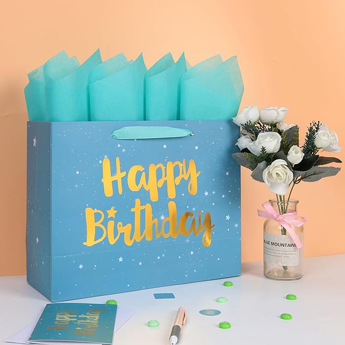 Qirrmiy 13” Large Green Happy Birthday Gift Bag Set with Handles, Greeting Card, Tissue Papers and Stickers for Women Men Boys Girls Kids, Stars Design, 1 Pcs.