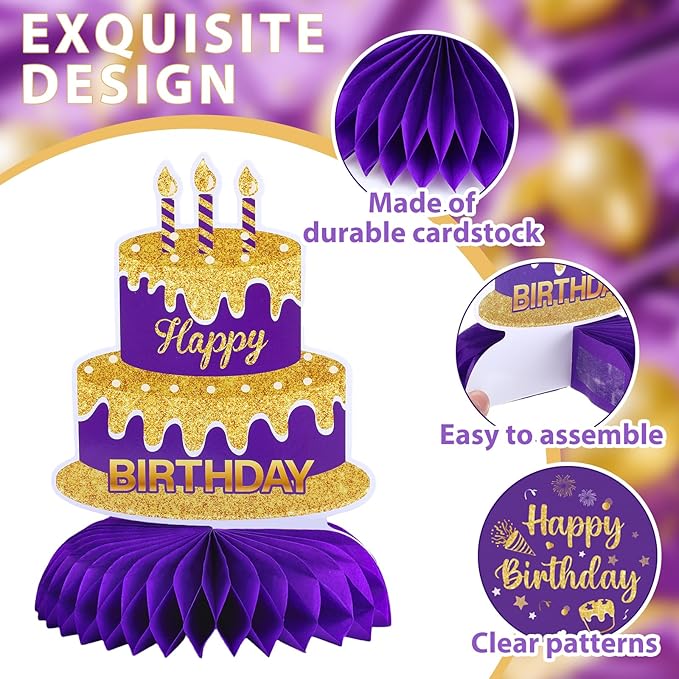 12Pcs Purple Gold Birthday Decorations Honeycomb Centerpieces for Women Girls, Purple Gold Happy Birthday Table Centerpieces for 30th 40th 50th 60th Birthday Table Topper Sign Decor Party Supplies