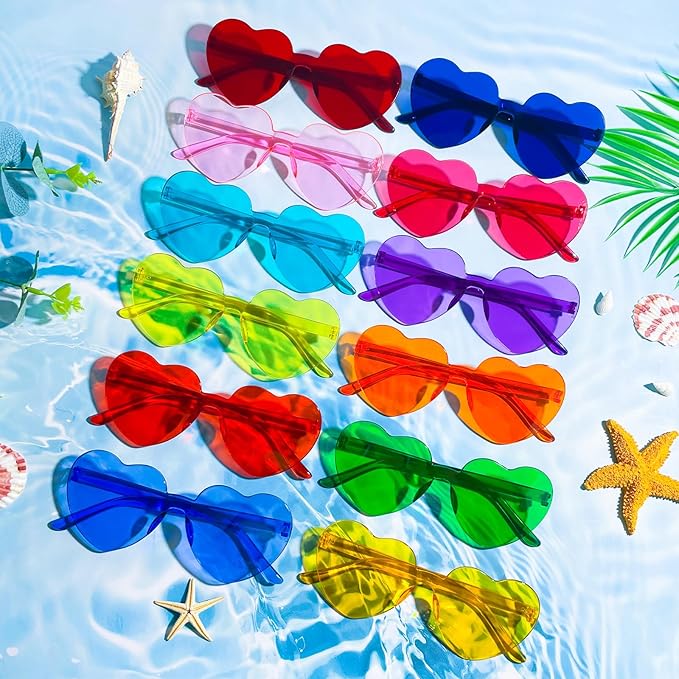 Pibupibu 48 Pack Fun Mixed/Heart/Star Party Sunglasses Bulk Adults, Rimless Colorful Bachelor Party Glasses
