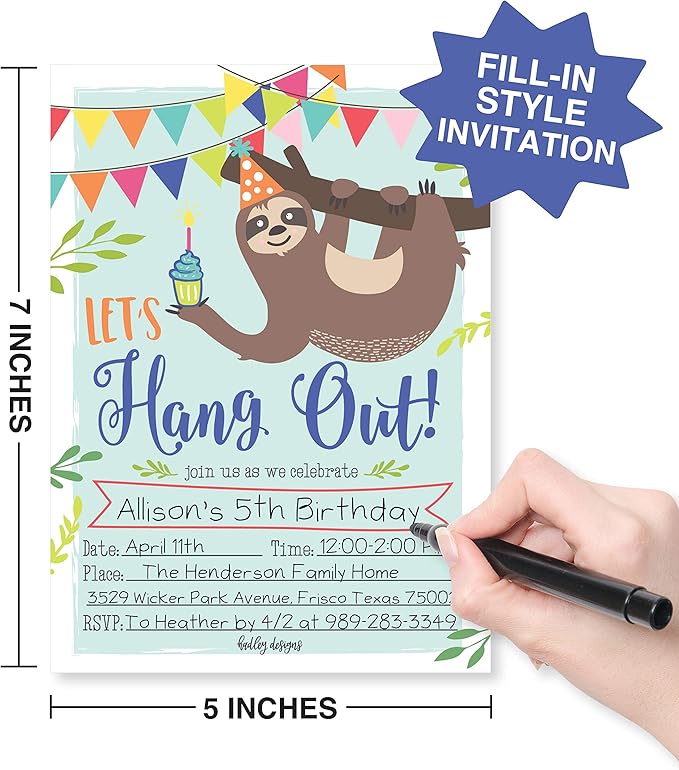 Hadley Designs Kids Birthday Invitations For Boys and Girls Sloth Theme - 25 Sloth Birthday Party Invitations For Boys, Let's Hang Out Invites For Girls, Cute Animal Party Supplies, Made In USA