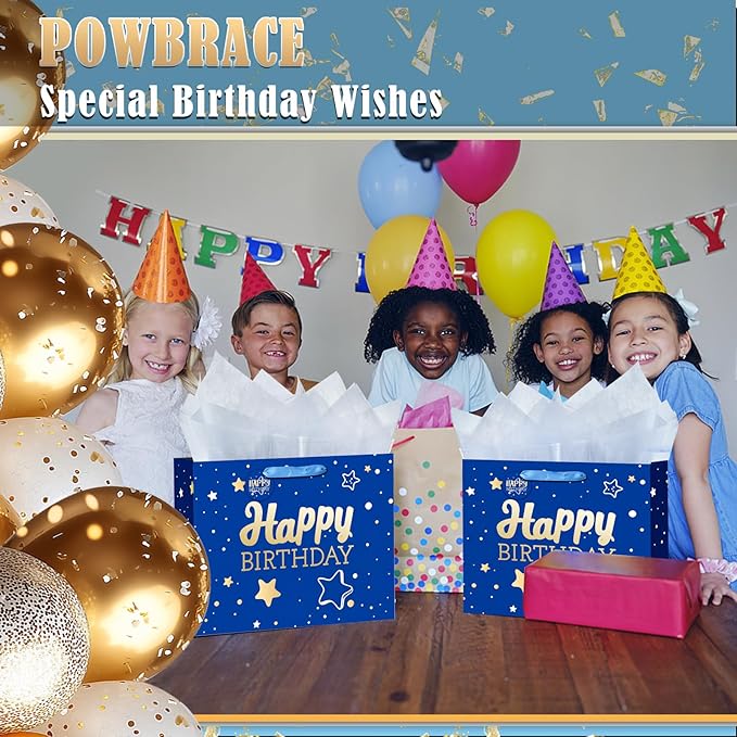 Powbrace 13" Blue Happy Birthday Gift Bag with Tissue Paper and Greeting Card for Party,Happy Birthday Gift Bag for Men Women,Gift Bags Medium size(1 PCS Blue Hot Stamping)