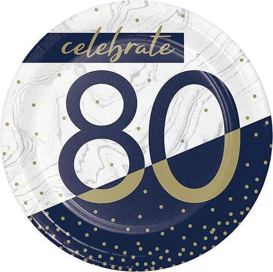 Trendware Navy and Gold 80th Birthday Dessert Plates, 24 ct