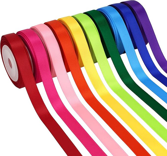 Rainbow Satin Ribbon Set, 10 Colors, 3/8 Inch x 6 Yard Each, 60 Yards Total, Double Faced Colorful Ribbon for Crafts, Gift Wrapping, Hair Bows, Wedding and Party Decorations, DIY Projects