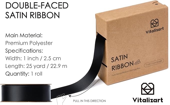 Vitalizart Black Ribbon for Gift Wrapping 1" x 25Yd Double Face Continuous Functional Satin Ribbon for Crafts Silk Like Fabric Flower Bouquet Birthday Party Decorations Bridal Shower Wreath Hair