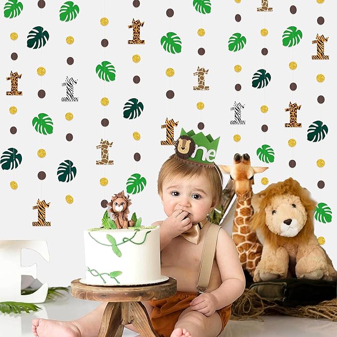 Pinkblume Wild One Jungle Theme Decorations - Palm Leaf Dot Circle Garland, Safari Animal 1st Birthday Supplies