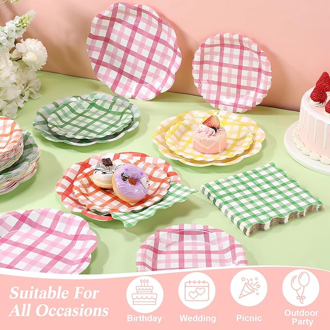 144 Pcs 48 Guests Gingham Party Plates and Napkins Colorful Gingham Paper Plates Napkins Checkered Plaid Disposable Tableware for Picnic BBQ Bachelorette Baby Bridal Shower Tea Party Supplies