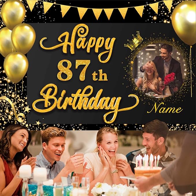 Custom Happy 87th Birthday Decorations Banner -87 Years Old Birthday Decorations Backdrop for Women Men Boys Girls - Personalization Happy 87th Birthday Party Decorations Supplies - Black and Gold